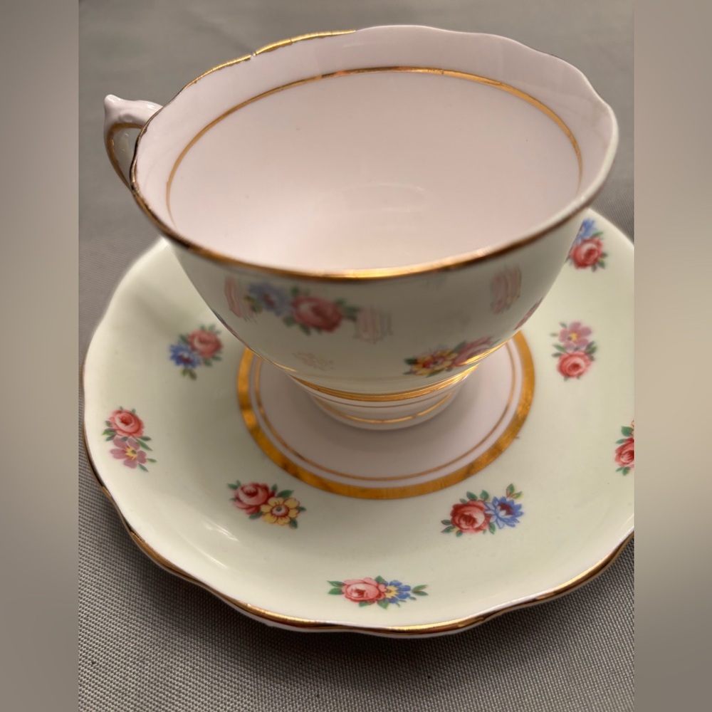 Colclough Bone China Made in England Floral Cup Saucer with Gold Trim Mint Green